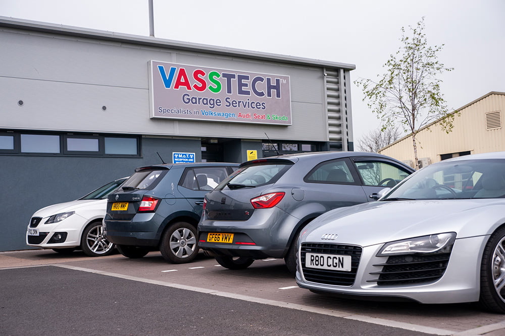 outside of vasstech teesside with audi, seats and skoda parked outside