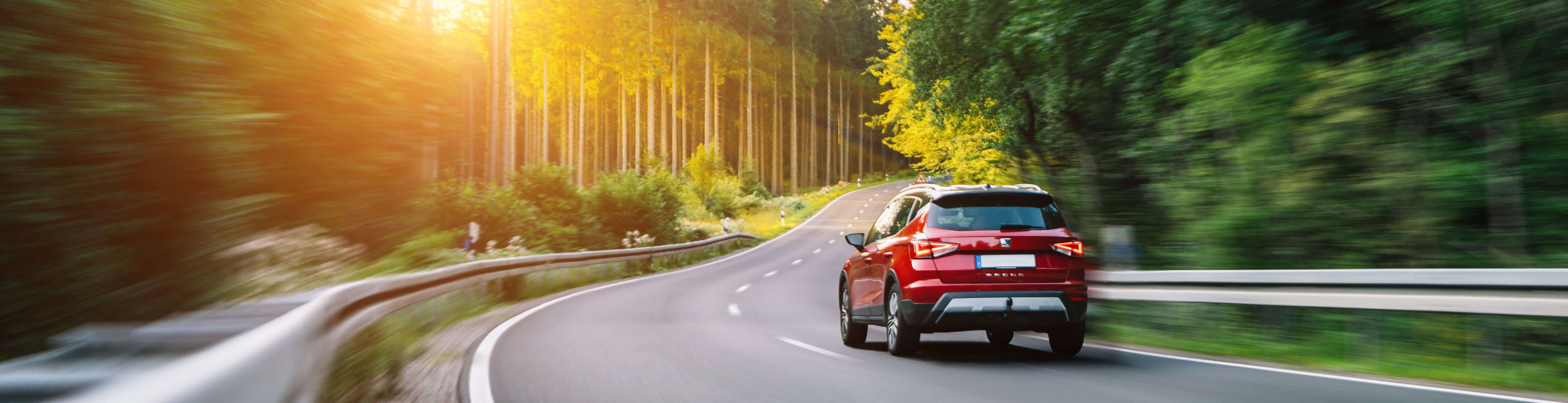 Red SEAT driving on. road surrounded my trees, blurry background to show speed.