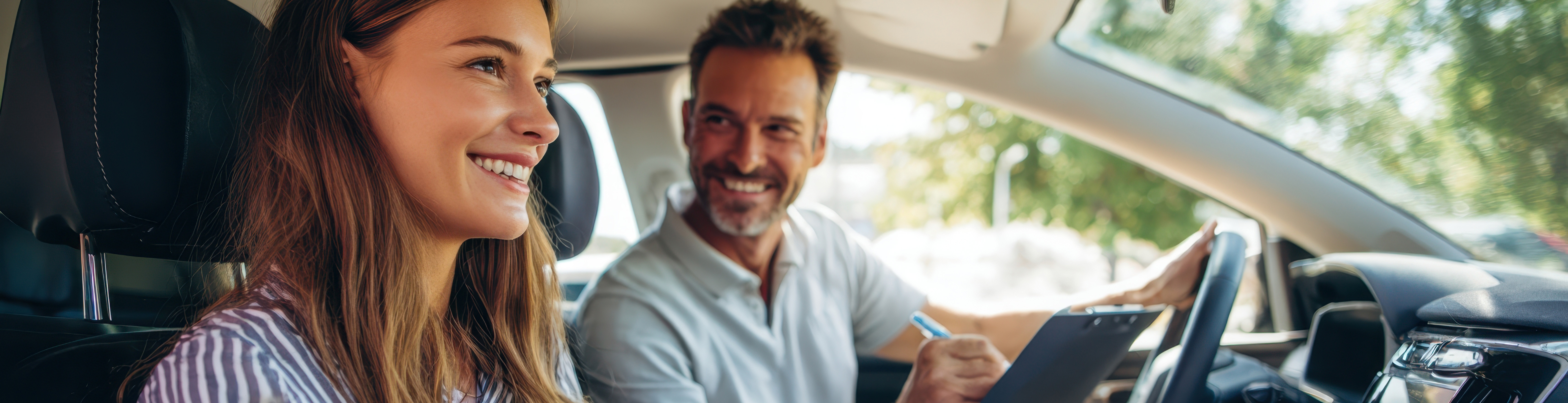 Driving instructor in car smiling at student.