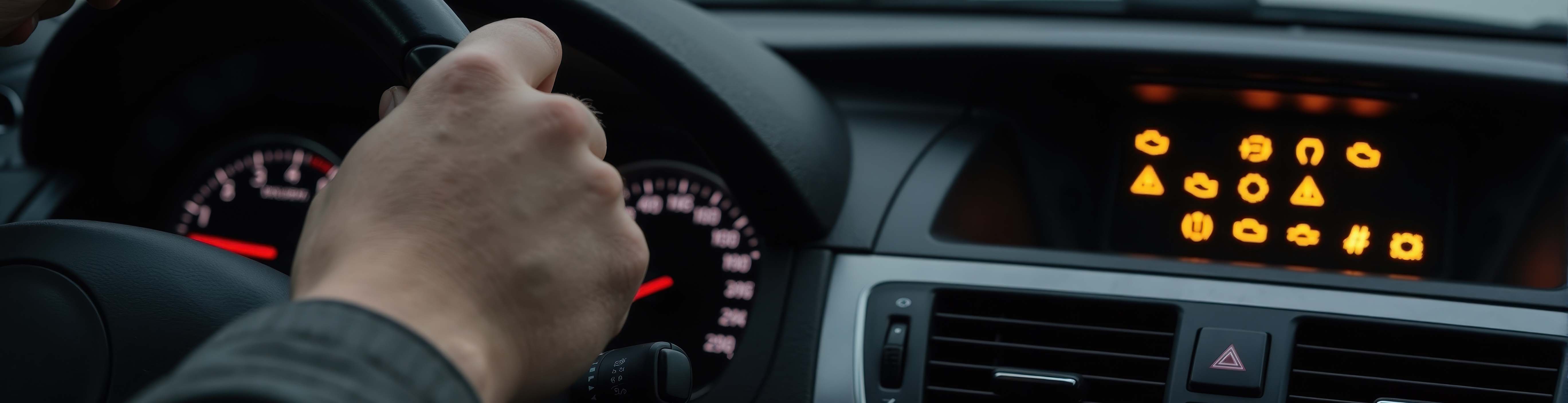 Dashboard and hand on steering wheel.