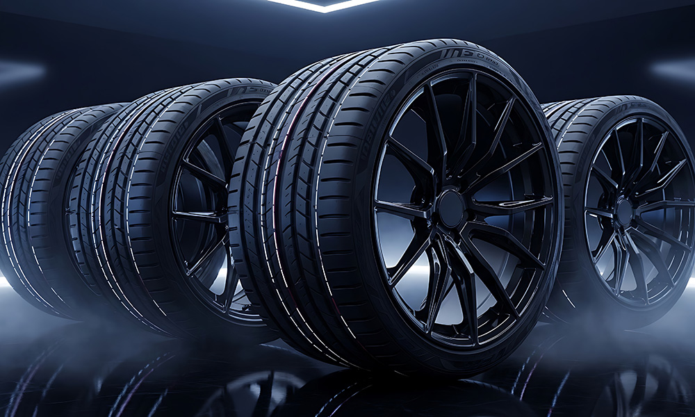 Black, modern, lit up tyres.